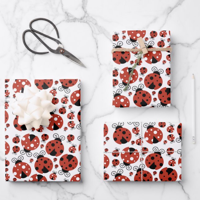 Pattern Of Ladybugs, Cute Ladybugs, Red Ladybugs Wrapping Paper Sheets (Front)