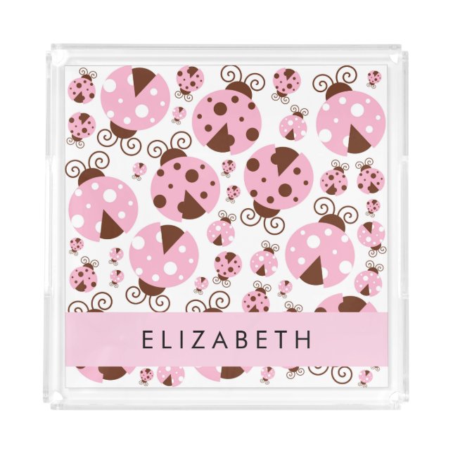 Pattern Of Ladybugs, Pink Ladybugs, Your Name Acrylic Tray (Front)