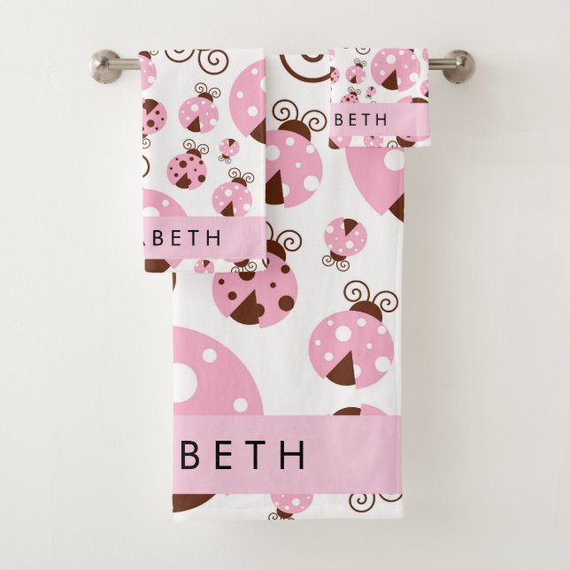 Pattern Of Ladybugs, Pink Ladybugs, Your Name Bath Towel Set (Insitu)