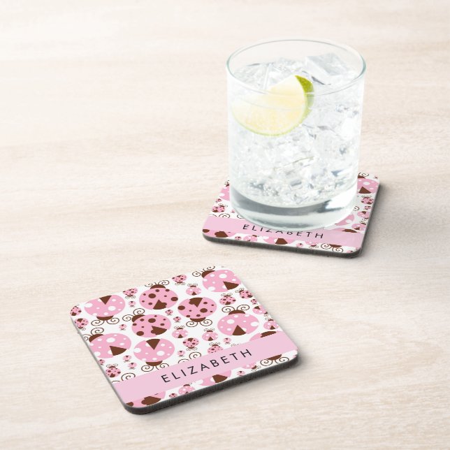 Pattern Of Ladybugs, Pink Ladybugs, Your Name Beverage Coaster (Right Side)