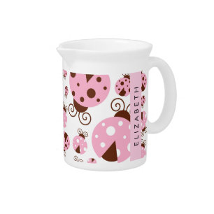 Pattern Of Ladybugs, Pink Ladybugs, Your Name Beverage Pitcher