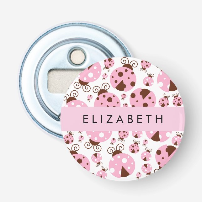 Pattern Of Ladybugs, Pink Ladybugs, Your Name Bottle Opener (Front)