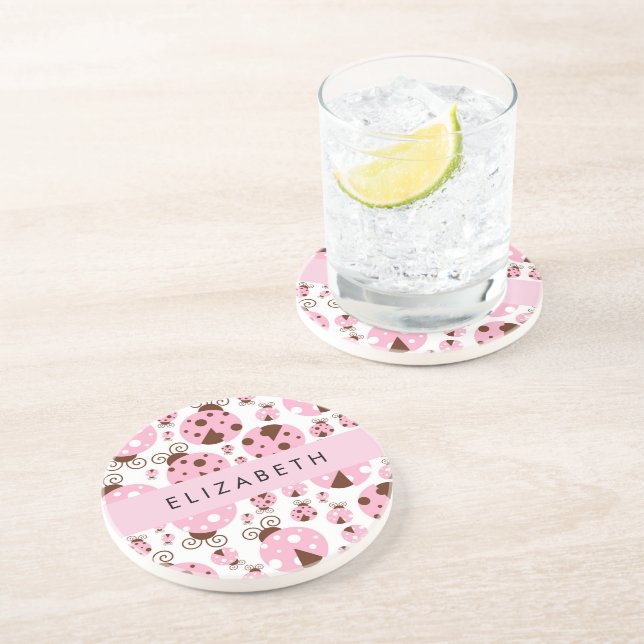Pattern Of Ladybugs, Pink Ladybugs, Your Name Coaster (Side)