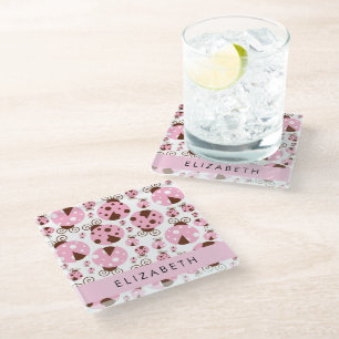 Pattern Of Ladybugs, Pink Ladybugs, Your Name Glass Coaster