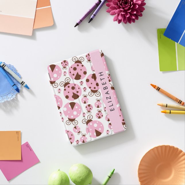 Pattern Of Ladybugs, Pink Ladybugs, Your Name iPad Mini Cover (In Situ)