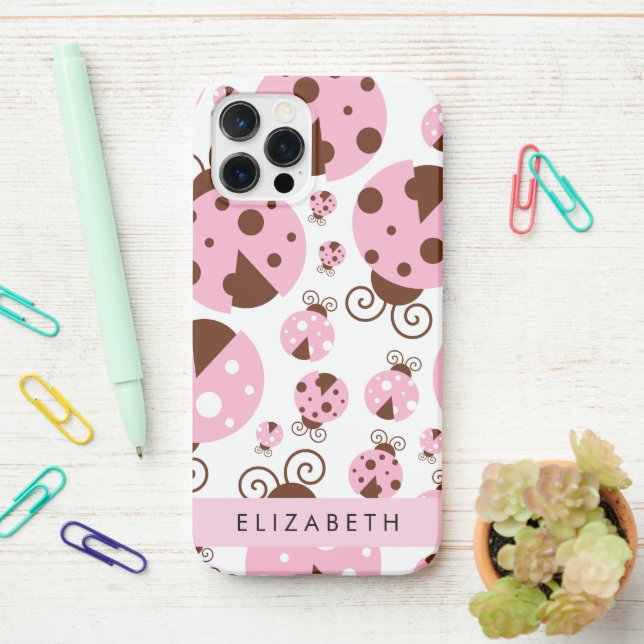 Pattern Of Ladybugs, Pink Ladybugs, Your Name iPhone Case (On Desk)