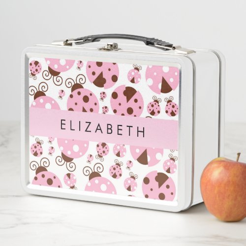 Pattern Of Ladybugs Pink Ladybugs Your Name Metal Lunch Box