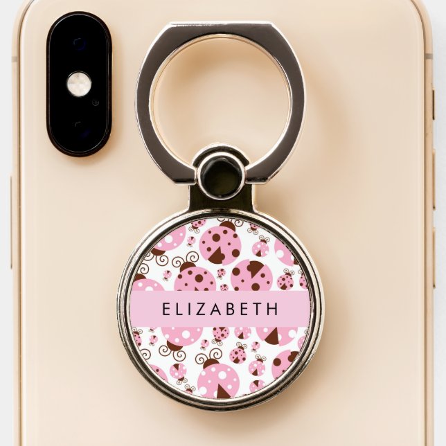 Pattern Of Ladybugs, Pink Ladybugs, Your Name Phone Ring Stand (Close Up)