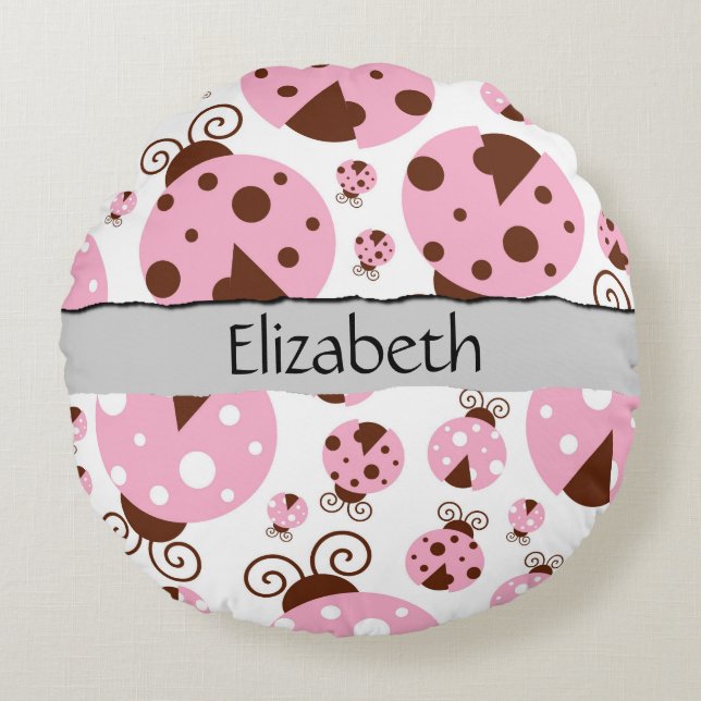Pattern Of Ladybugs, Pink Ladybugs, Your Name Round Pillow (Front)