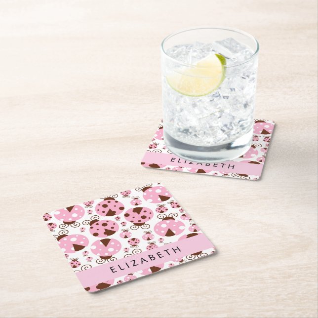 Pattern Of Ladybugs, Pink Ladybugs, Your Name Square Paper Coaster (Insitu)