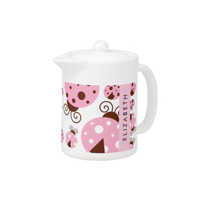 Pattern Of Ladybugs, Pink Ladybugs, Your Name Teapot (Right)