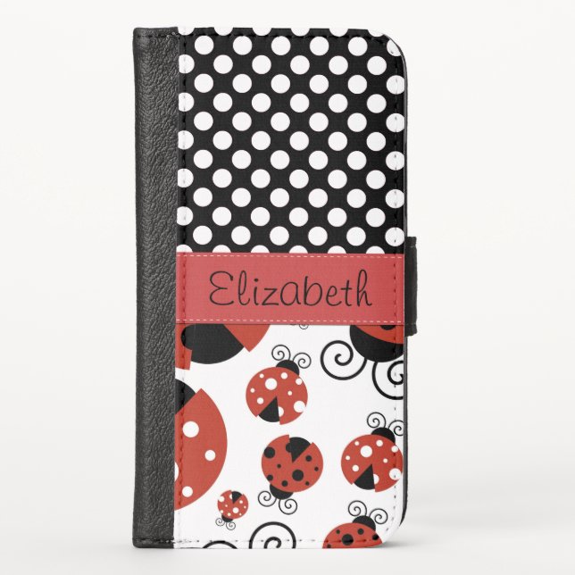 Pattern Of Ladybugs, Polka Dots, Your Name iPhone Wallet Case (Front)