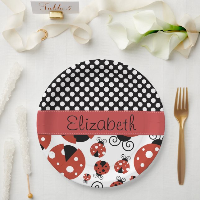 Pattern Of Ladybugs, Polka Dots, Your Name Paper Plates (Wedding)