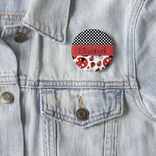 Pattern Of Ladybugs, Polka Dots, Your Name Pinback Button (In Situ)