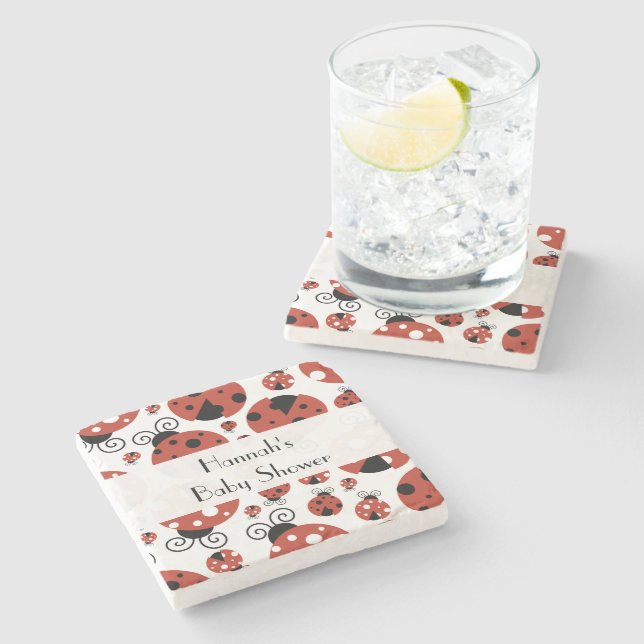 Pattern Of Ladybugs, Red Ladybugs, Baby Shower Stone Coaster (Side)