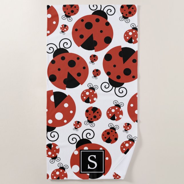 Pattern Of Ladybugs, Red Ladybugs, Monogram Beach Towel (Front)