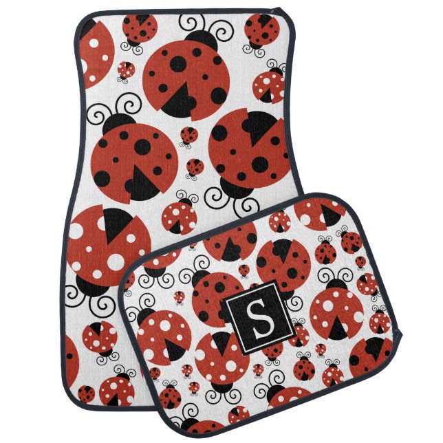 Pattern Of Ladybugs, Red Ladybugs, Monogram Car Floor Mat (Set)
