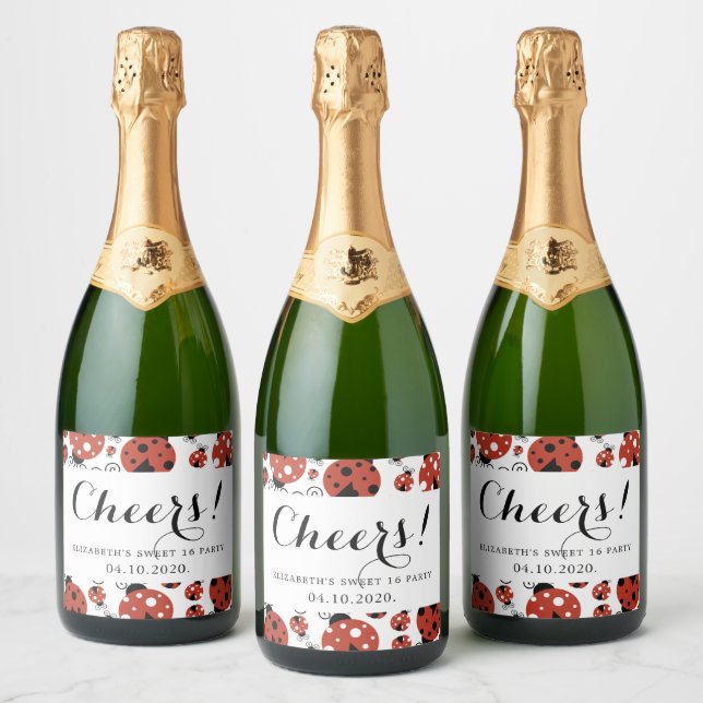 Pattern Of Ladybugs, Red Ladybugs, Sweet 16 Sparkling Wine Label (Bottles)
