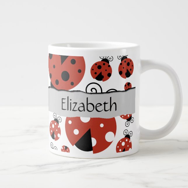 Pattern Of Ladybugs, Red Ladybugs, Your Name Giant Coffee Mug (Right)