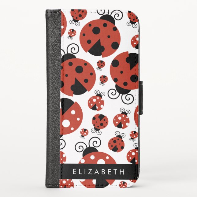 Pattern Of Ladybugs, Red Ladybugs, Your Name iPhone Wallet Case (Front)
