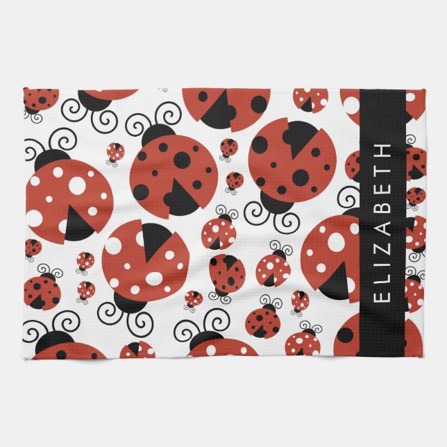 Pattern Of Ladybugs, Red Ladybugs, Your Name Kitchen Towel (Horizontal)