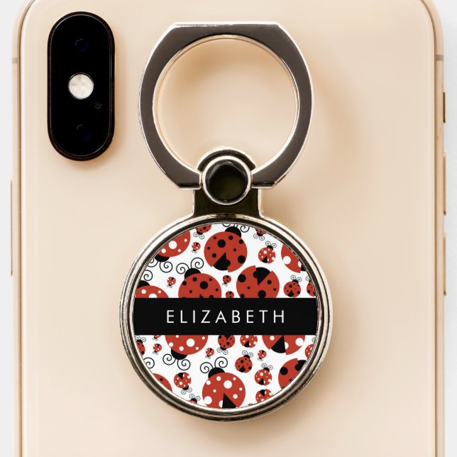 Pattern Of Ladybugs, Red Ladybugs, Your Name Phone Ring Stand (Close Up)