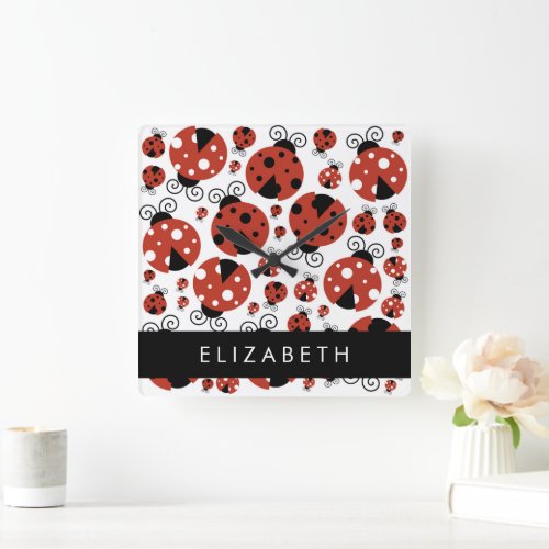 Pattern Of Ladybugs Red Ladybugs Your Name Square Wall Clock