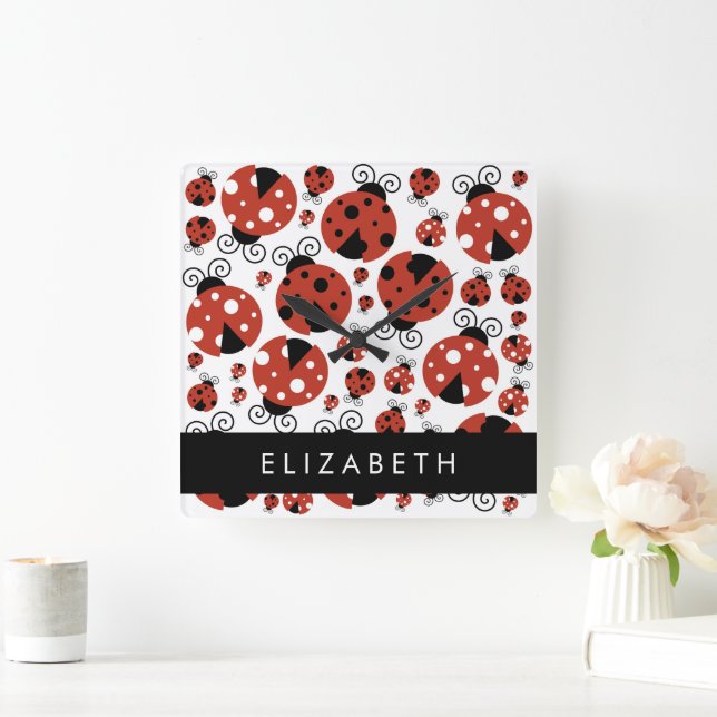Pattern Of Ladybugs, Red Ladybugs, Your Name Square Wall Clock (Home)
