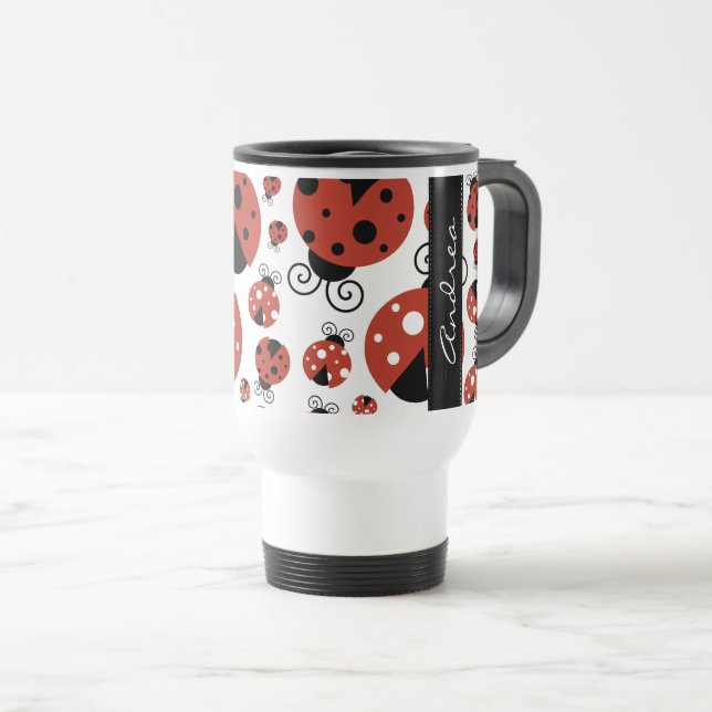 Pattern Of Ladybugs, Red Ladybugs, Your Name Travel Mug (Front Right)