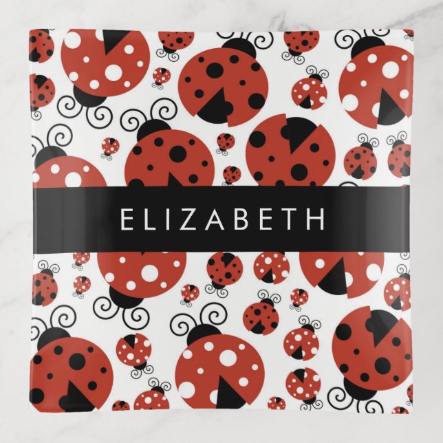 Pattern Of Ladybugs, Red Ladybugs, Your Name Trinket Tray (Front)