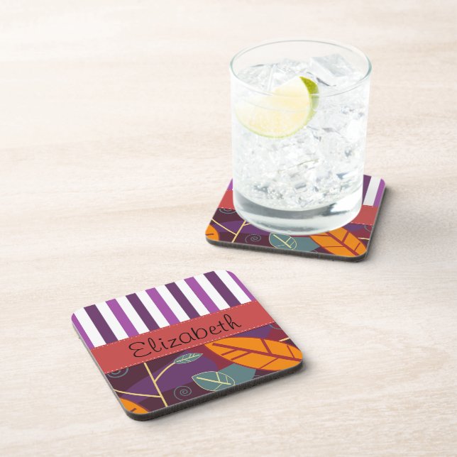 Pattern Of Leaves, Purple Stripes, Your Name Drink Coaster (Right Side)