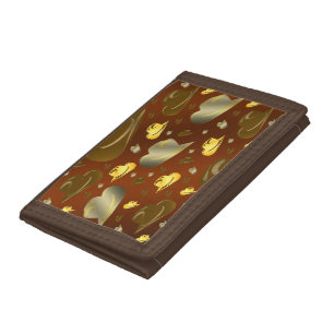 pattern of little cowboy hats in shades of brown trifold wallet