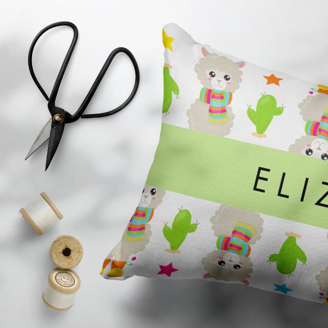 Pattern Of Llamas, Alpacas, Cactus, Your Name Accent Pillow (Creator Uploaded)