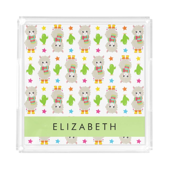 Pattern Of Llamas, Alpacas, Cactus, Your Name Acrylic Tray (Front)