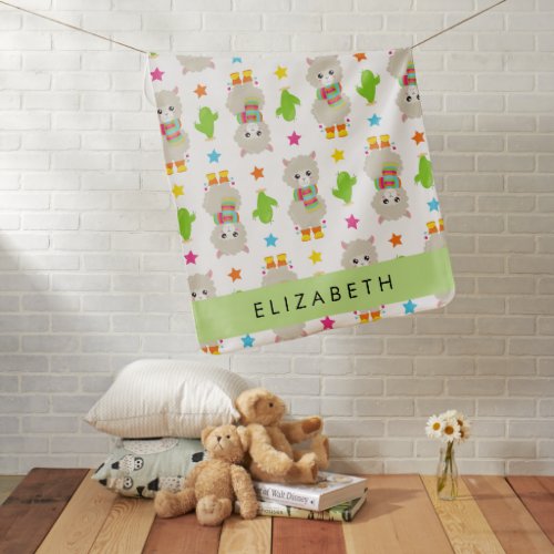 Pattern Of Llamas Alpacas Cactus Your Name Baby Blanket