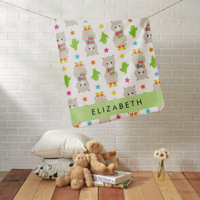 Pattern Of Llamas, Alpacas, Cactus, Your Name Baby Blanket (In Situ)