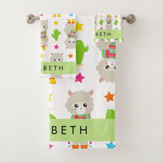 Pattern Of Llamas, Alpacas, Cactus, Your Name Bath Towel Set (Insitu)