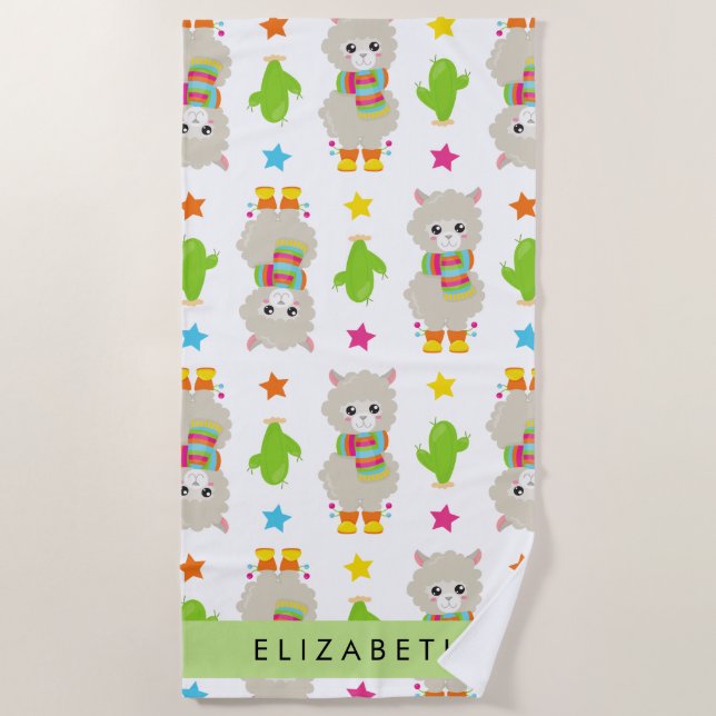 Pattern Of Llamas, Alpacas, Cactus, Your Name Beach Towel (Front)