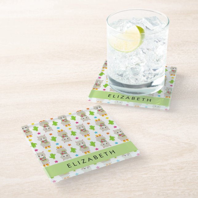 Pattern Of Llamas, Alpacas, Cactus, Your Name Glass Coaster (Angled)