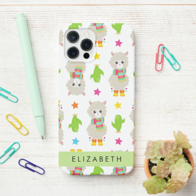 Pattern Of Llamas, Alpacas, Cactus, Your Name iPhone Case (On Desk)