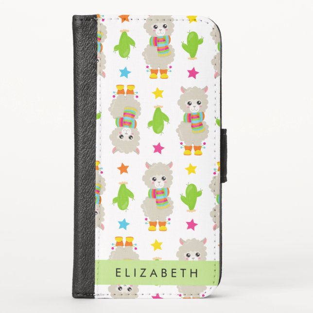 Pattern Of Llamas, Alpacas, Cactus, Your Name iPhone Wallet Case (Front)