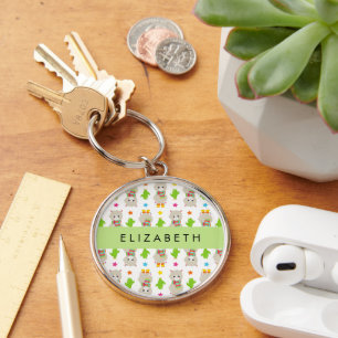 Pattern Of Llamas, Alpacas, Cactus, Your Name Keychain