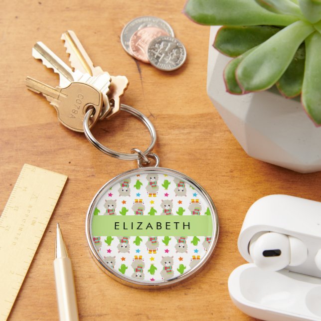 Pattern Of Llamas, Alpacas, Cactus, Your Name Keychain (Desk)