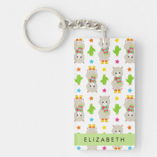 Pattern Of Llamas, Alpacas, Cactus, Your Name Keychain