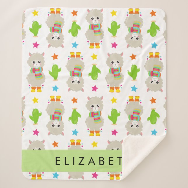 Pattern Of Llamas, Alpacas, Cactus, Your Name Sherpa Blanket (Front)