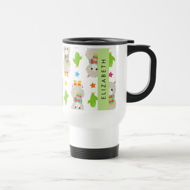 Pattern Of Llamas, Alpacas, Cactus, Your Name Travel Mug (Right)