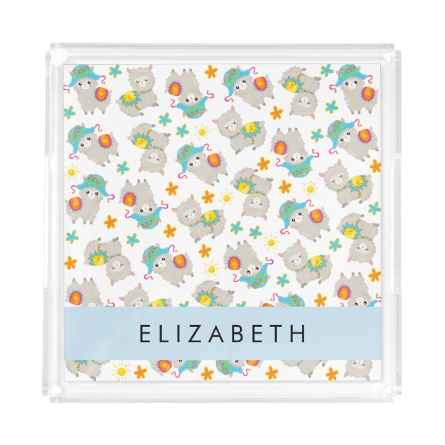 Pattern Of Llamas, Alpacas, Flowers, Your Name Acrylic Tray (Front)