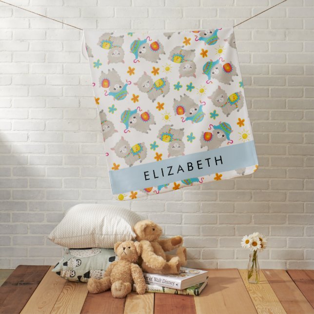 Pattern Of Llamas, Alpacas, Flowers, Your Name Baby Blanket (In Situ)