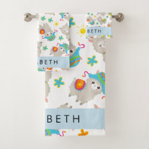 Pattern Of Llamas, Alpacas, Flowers, Your Name Bath Towel Set