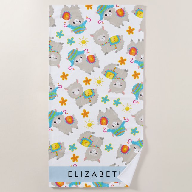 Pattern Of Llamas, Alpacas, Flowers, Your Name Beach Towel (Front)